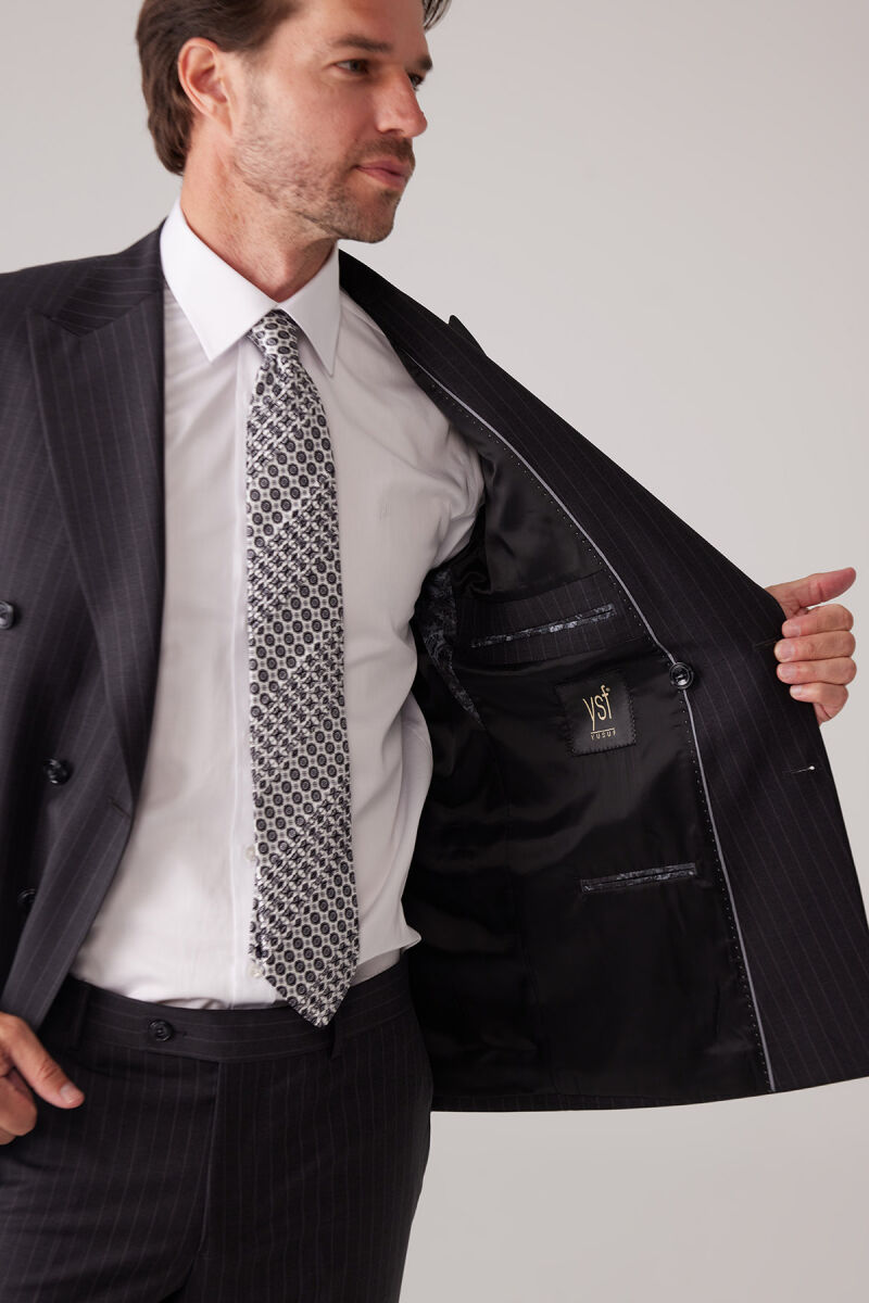 Erkek Koyu Gri Çizgili Slim Fit Wool Kruvaze Takım Elbise - 6