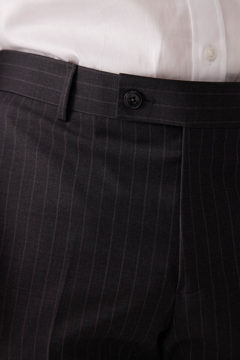 Erkek Koyu Gri Çizgili Slim Fit Wool Kruvaze Takım Elbise - 7