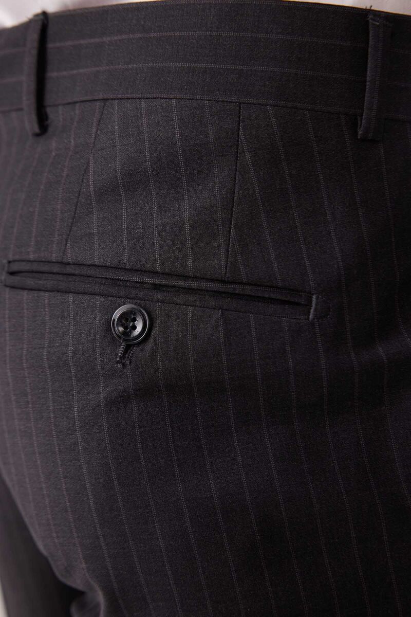 Erkek Koyu Gri Çizgili Slim Fit Wool Kruvaze Takım Elbise - 8
