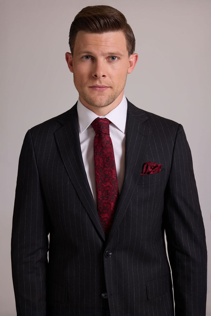 Erkek Koyu Gri Regular Fit Çift Yırtmaç Çizgili Takım Elbise - 1