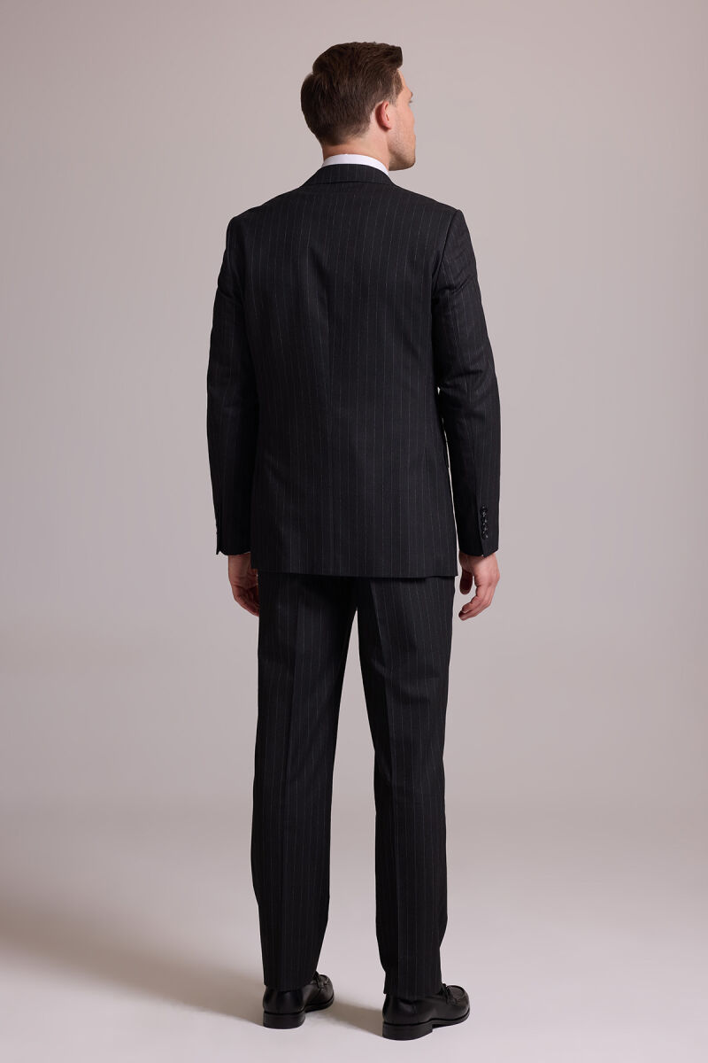 Erkek Koyu Gri Regular Fit Çift Yırtmaç Çizgili Takım Elbise - 12