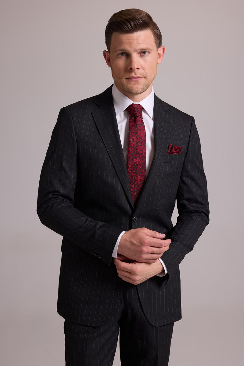 Erkek Koyu Gri Regular Fit Çift Yırtmaç Çizgili Takım Elbise - 2