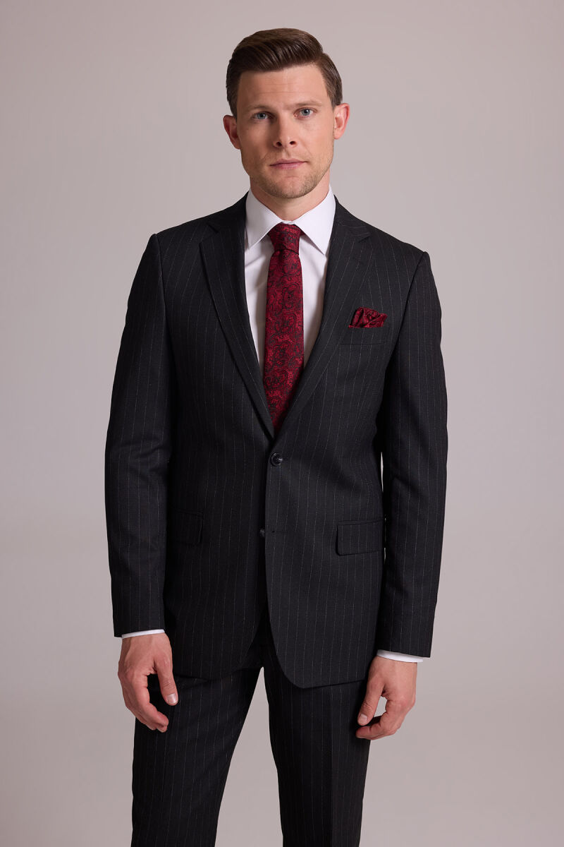Erkek Koyu Gri Regular Fit Çift Yırtmaç Çizgili Takım Elbise - 6