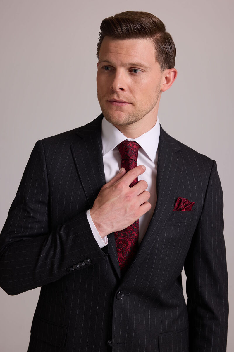 Erkek Koyu Gri Regular Fit Çift Yırtmaç Çizgili Takım Elbise - 7