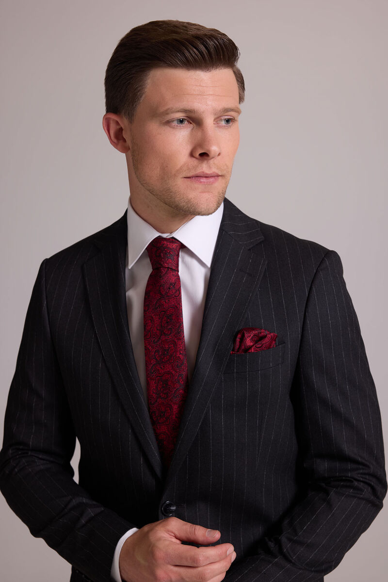 Erkek Koyu Gri Regular Fit Çift Yırtmaç Çizgili Takım Elbise - 8