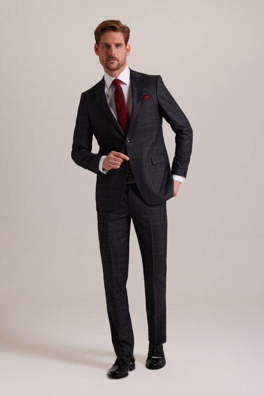 Erkek Koyu Gri Regular Fit Kareli Takım Elbise