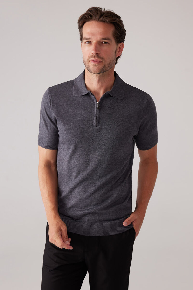 Erkek Koyu Gri Slim Fit Fermuar Detaylı Polo Yaka Triko Tişört - 2