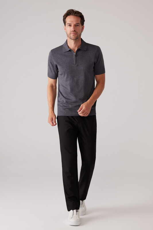 Erkek Koyu Gri Slim Fit Fermuar Detaylı Polo Yaka Triko Tişört