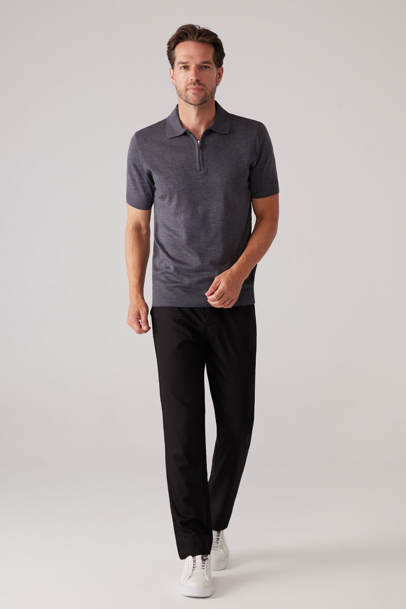 Erkek Koyu Gri Slim Fit Fermuar Detaylı Polo Yaka Triko Tişört - 3
