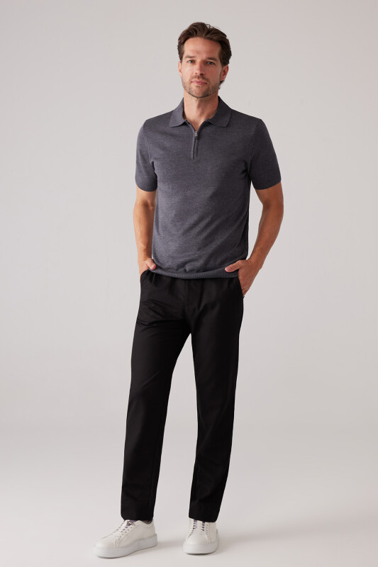 Erkek Koyu Gri Slim Fit Fermuar Detaylı Polo Yaka Triko Tişört