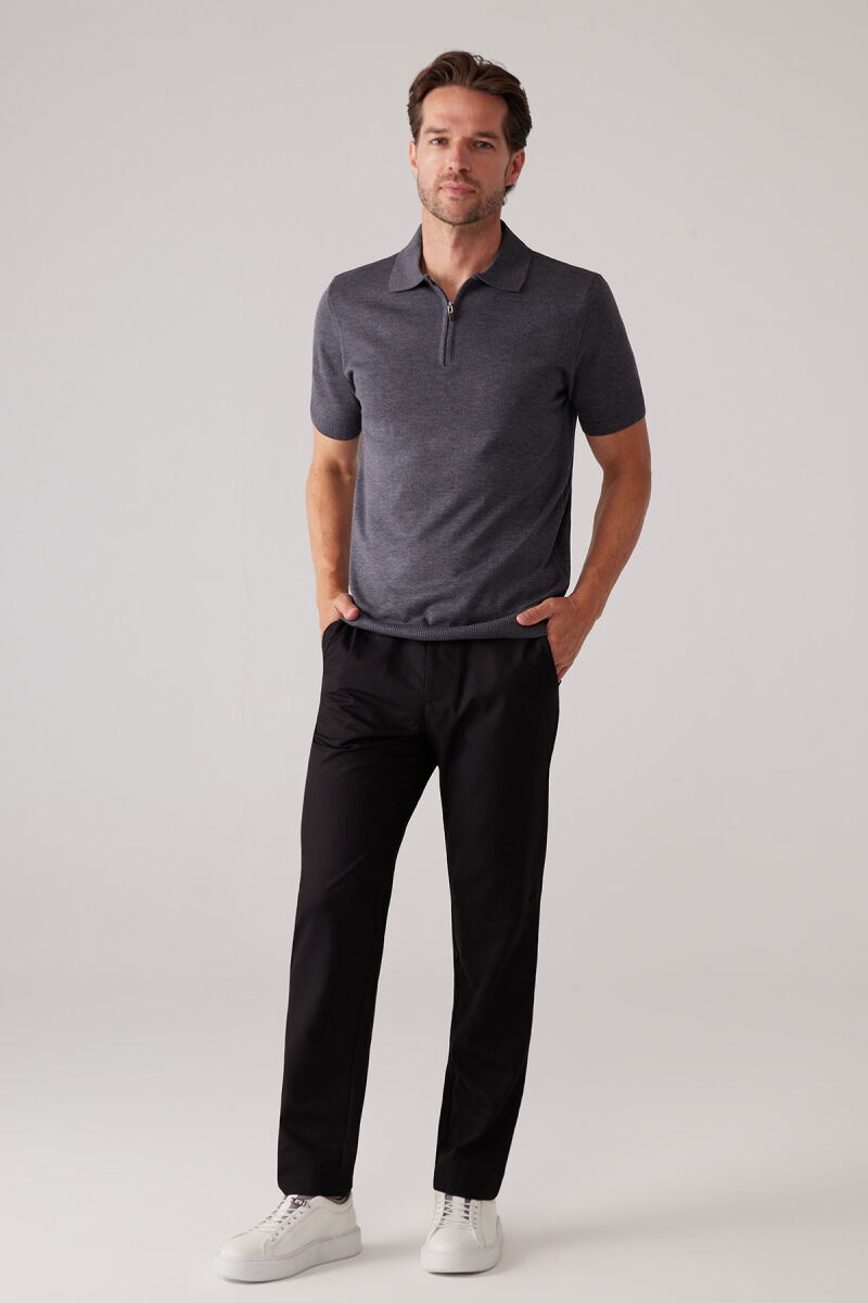 Erkek Koyu Gri Slim Fit Fermuar Detaylı Polo Yaka Triko Tişört - 4