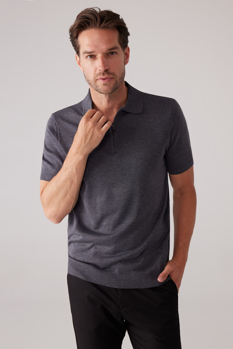 Erkek Koyu Gri Slim Fit Fermuar Detaylı Polo Yaka Triko Tişört - 5