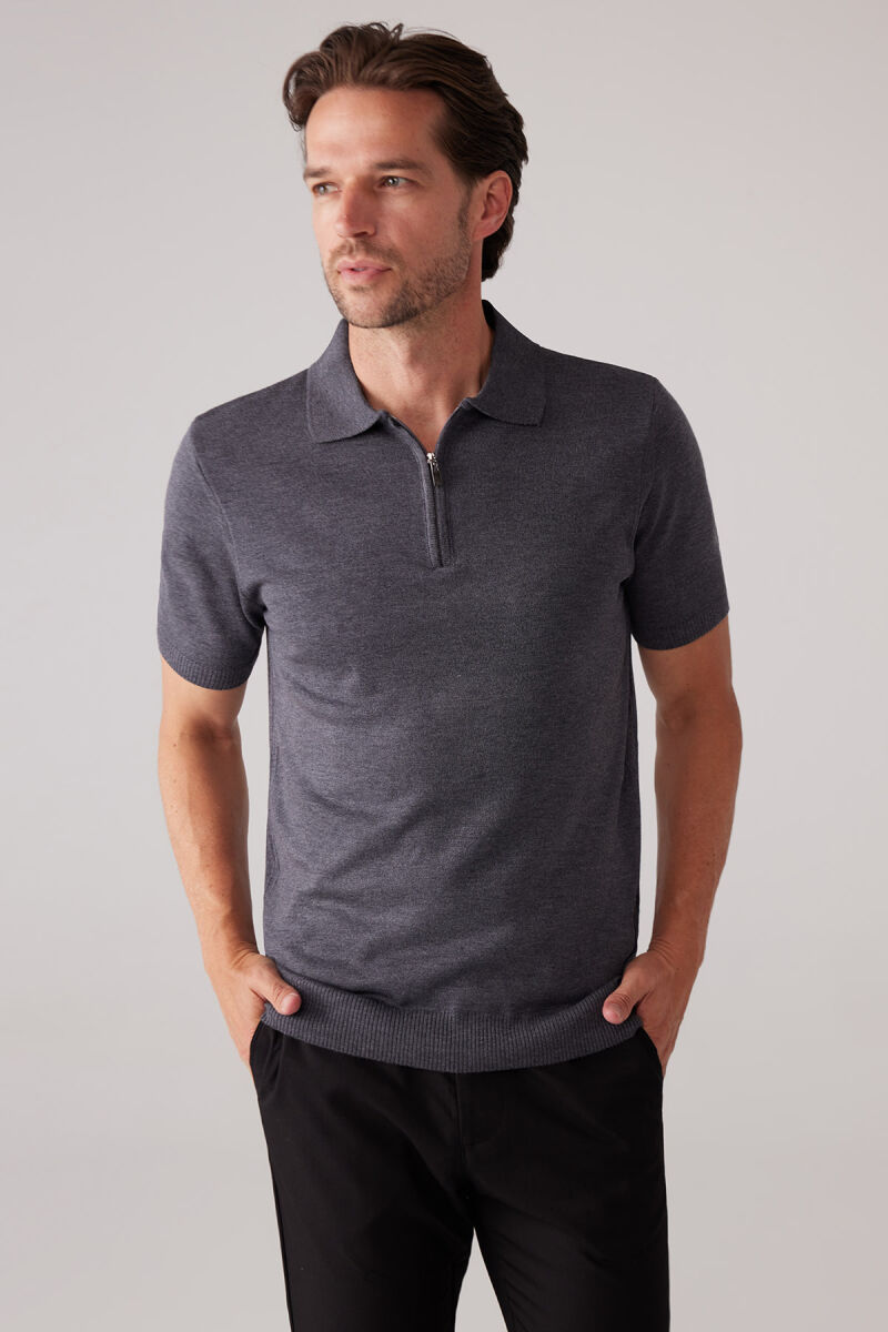 Erkek Koyu Gri Slim Fit Fermuar Detaylı Polo Yaka Triko Tişört - 6