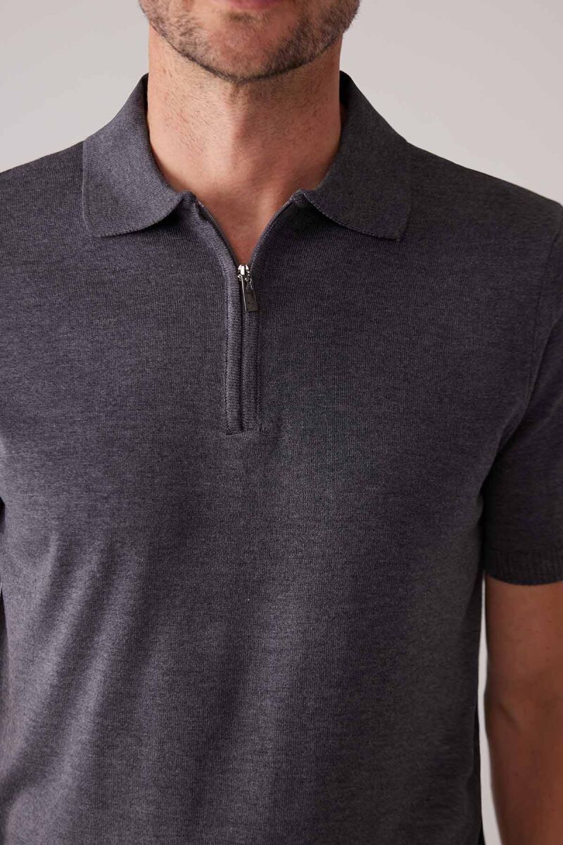 Erkek Koyu Gri Slim Fit Fermuar Detaylı Polo Yaka Triko Tişört - 7