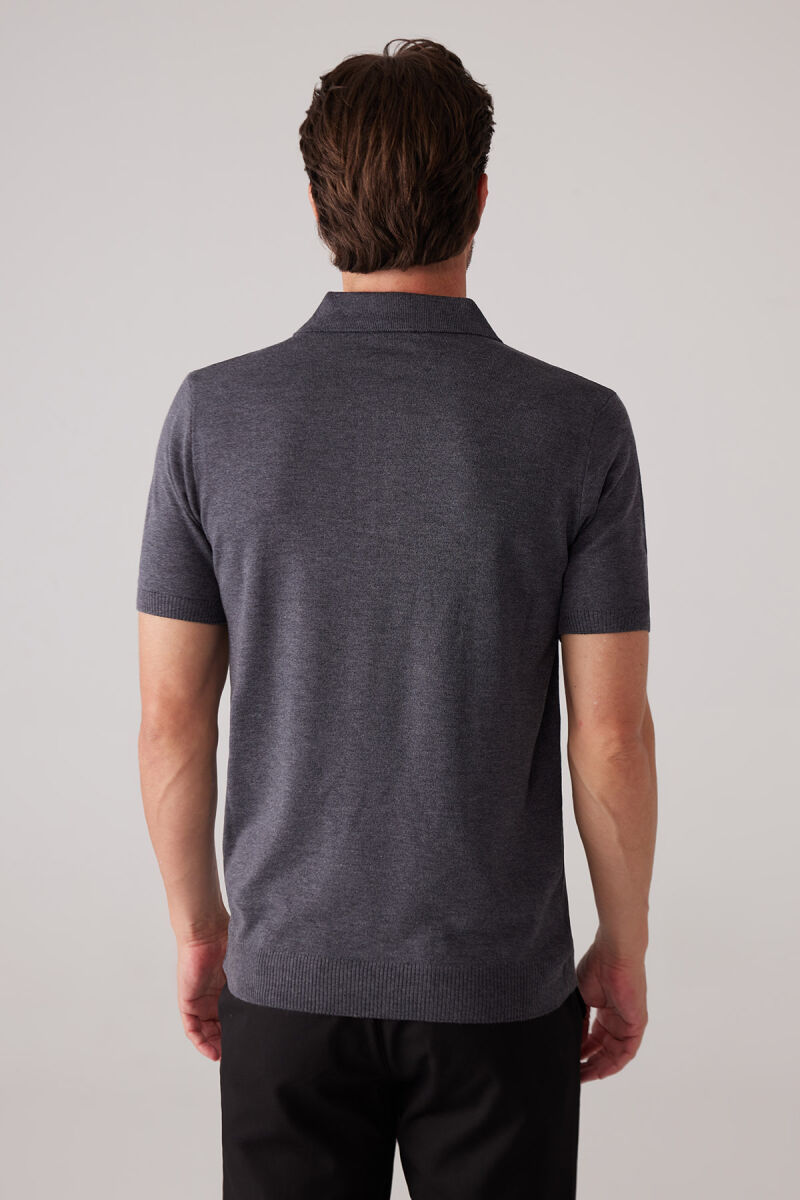 Erkek Koyu Gri Slim Fit Fermuar Detaylı Polo Yaka Triko Tişört - 8