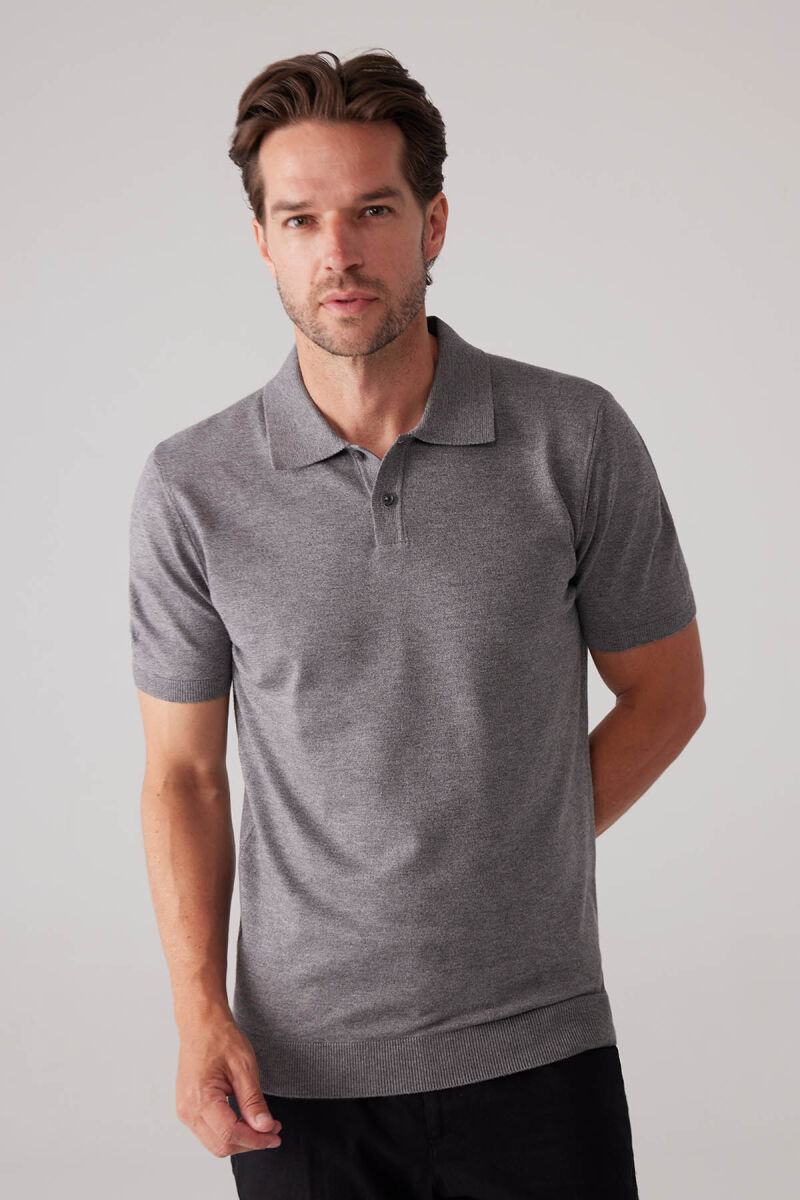 Erkek Koyu Gri Slim Fit Kaşmir Karışımlı Polo Yaka Tişört - 1