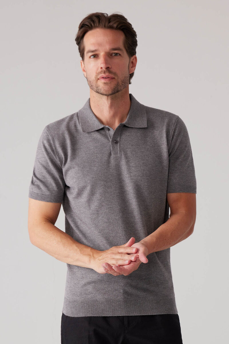 Erkek Koyu Gri Slim Fit Kaşmir Karışımlı Polo Yaka Tişört - 2