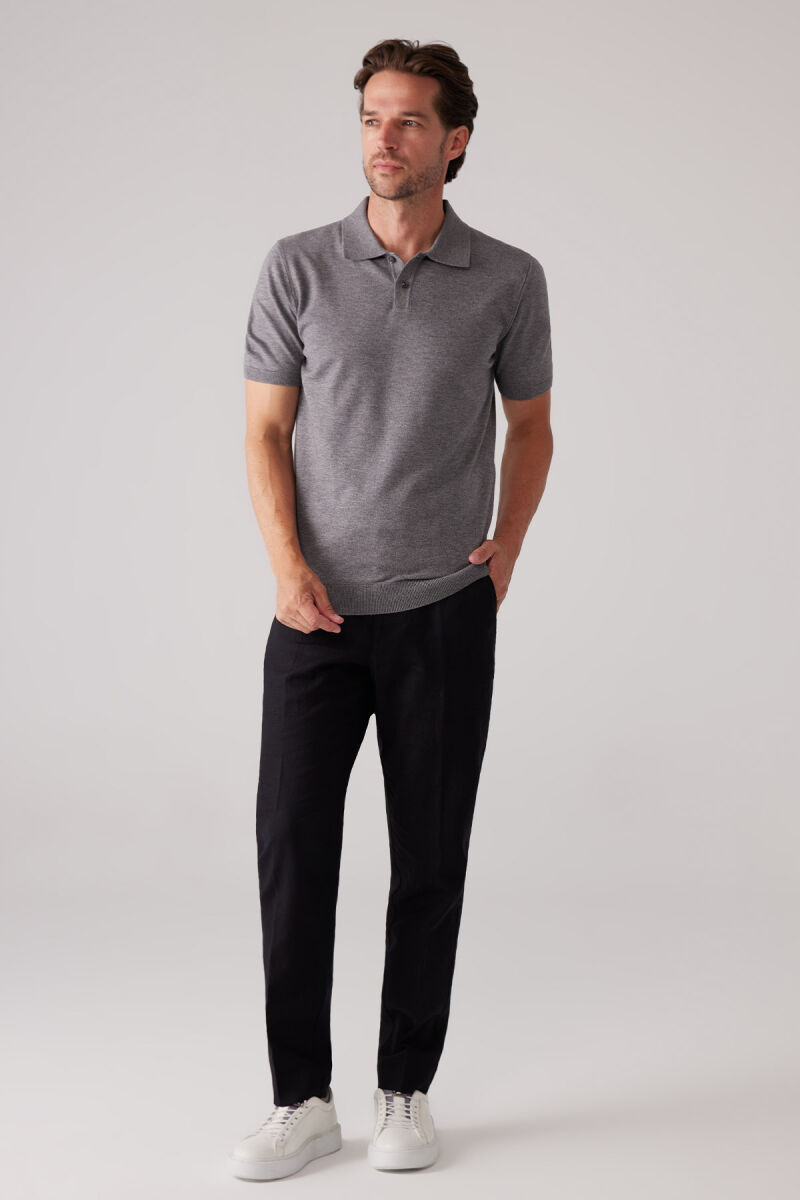 Erkek Koyu Gri Slim Fit Kaşmir Karışımlı Polo Yaka Tişört - 3