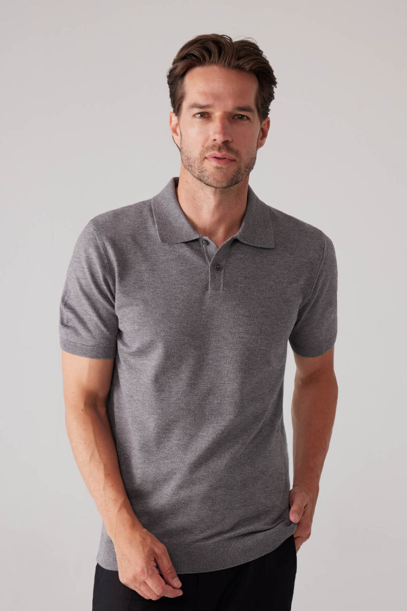 Erkek Koyu Gri Slim Fit Kaşmir Karışımlı Polo Yaka Tişört - 4