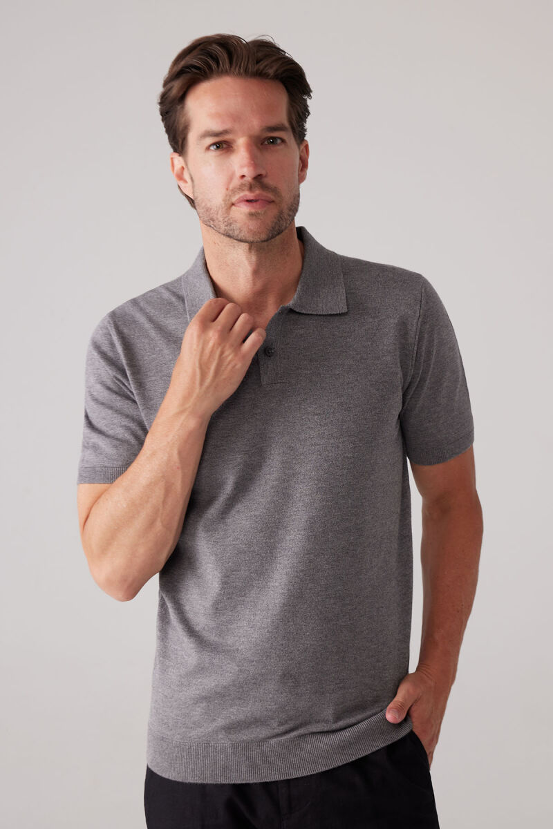 Erkek Koyu Gri Slim Fit Kaşmir Karışımlı Polo Yaka Tişört - 5