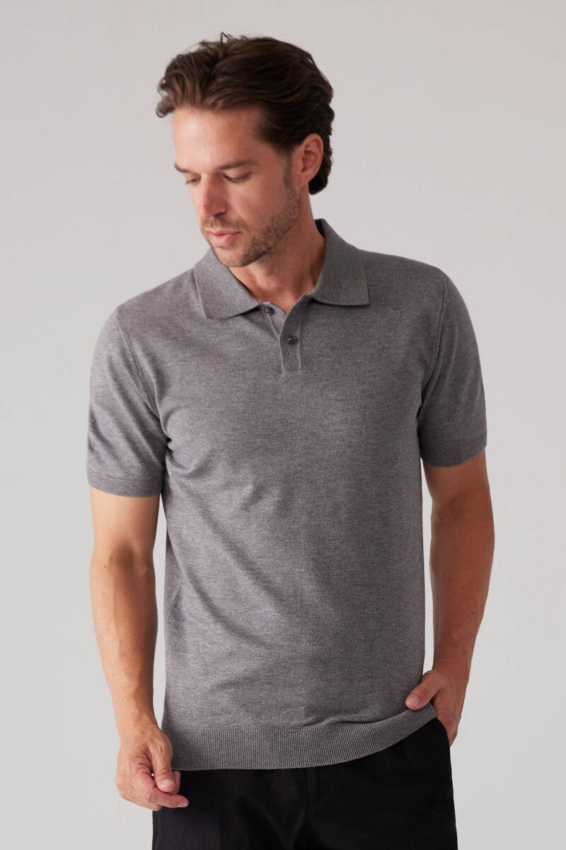 Erkek Koyu Gri Slim Fit Kaşmir Karışımlı Polo Yaka Tişört - 6