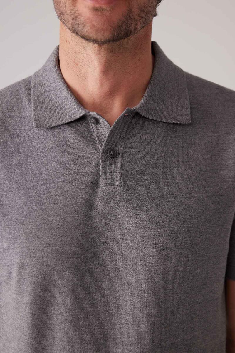 Erkek Koyu Gri Slim Fit Kaşmir Karışımlı Polo Yaka Tişört - 7