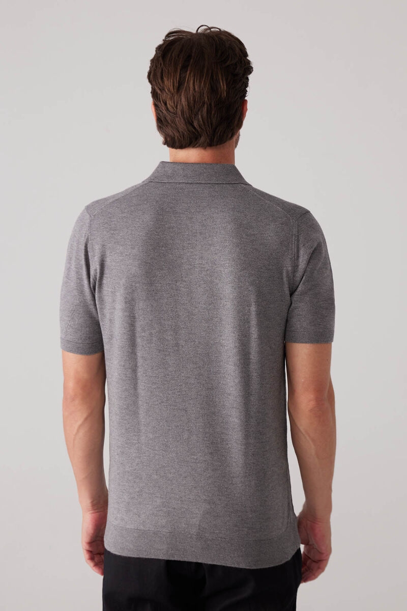 Erkek Koyu Gri Slim Fit Kaşmir Karışımlı Polo Yaka Tişört - 8
