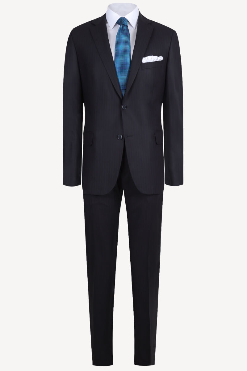 Erkek Koyu Lacivert Çizgili %100 Yün Takım Elbise - 1