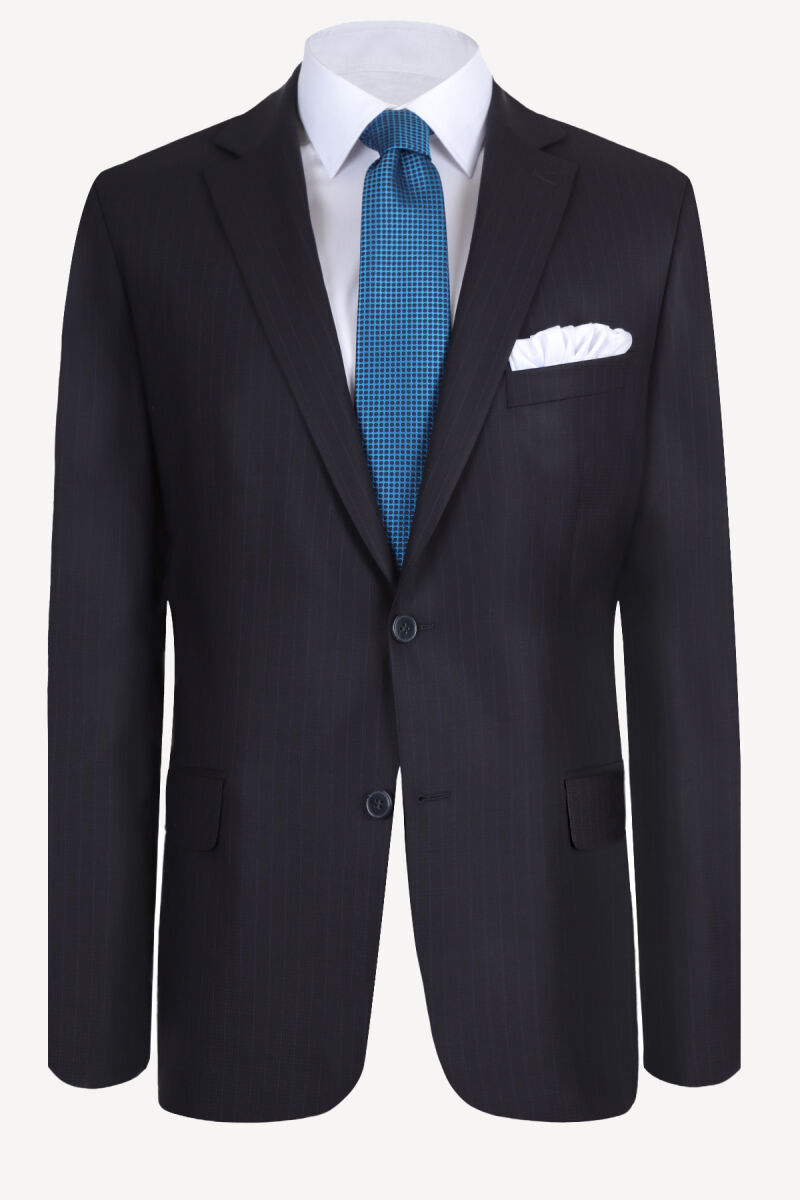 Erkek Koyu Lacivert Çizgili %100 Yün Takım Elbise - 2