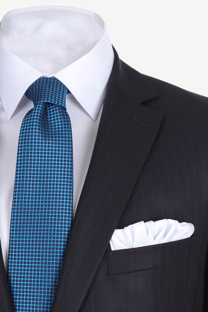 Erkek Koyu Lacivert Çizgili %100 Yün Takım Elbise - 3