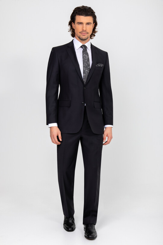 Erkek Koyu Lacivert Klasik Puntolu Takım Elbise