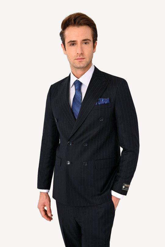Erkek Koyu Lacivert Kruvaze Çizgili Takım Elbise