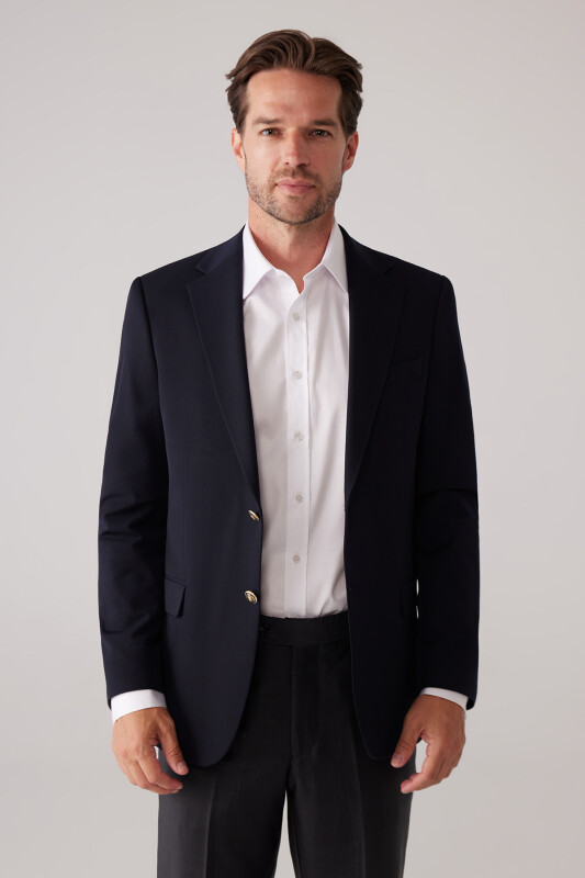 Erkek Koyu Lacivert Regular Fit Mono Yaka Likralı Blazer Ceket