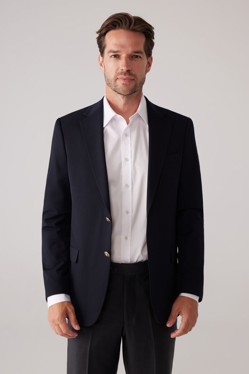 Erkek Koyu Lacivert Regular Fit Mono Yaka Likralı Blazer Ceket - 1