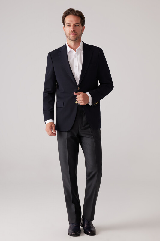 Erkek Koyu Lacivert Regular Fit Mono Yaka Likralı Blazer Ceket