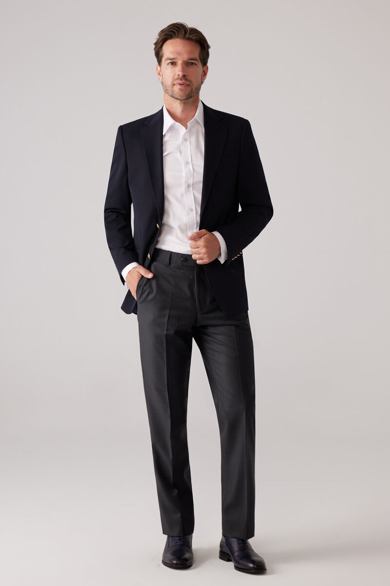 Erkek Koyu Lacivert Regular Fit Mono Yaka Likralı Blazer Ceket - 3