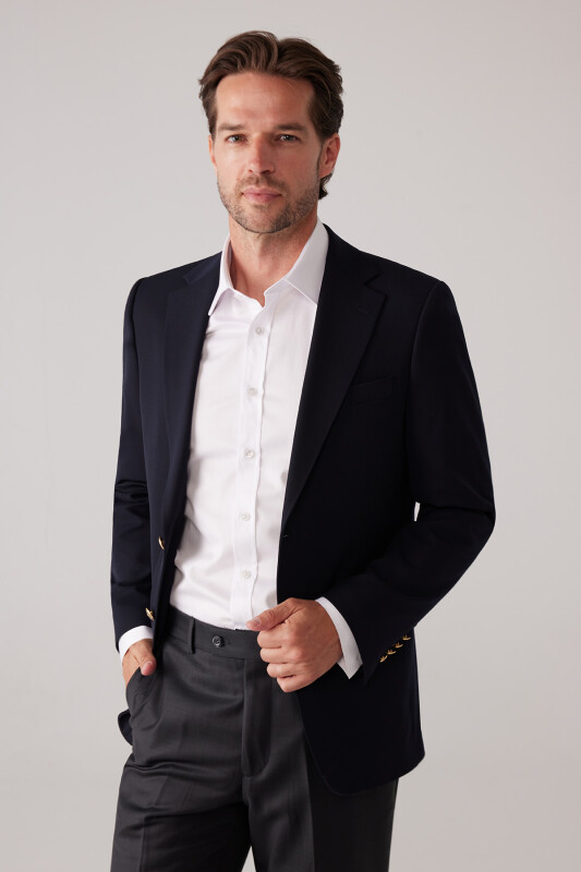 Erkek Koyu Lacivert Regular Fit Mono Yaka Likralı Blazer Ceket