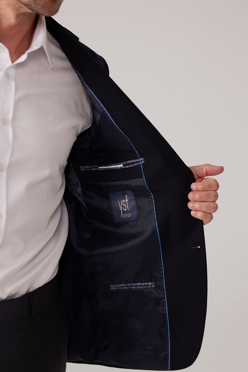 Erkek Koyu Lacivert Regular Fit Mono Yaka Likralı Blazer Ceket - 6