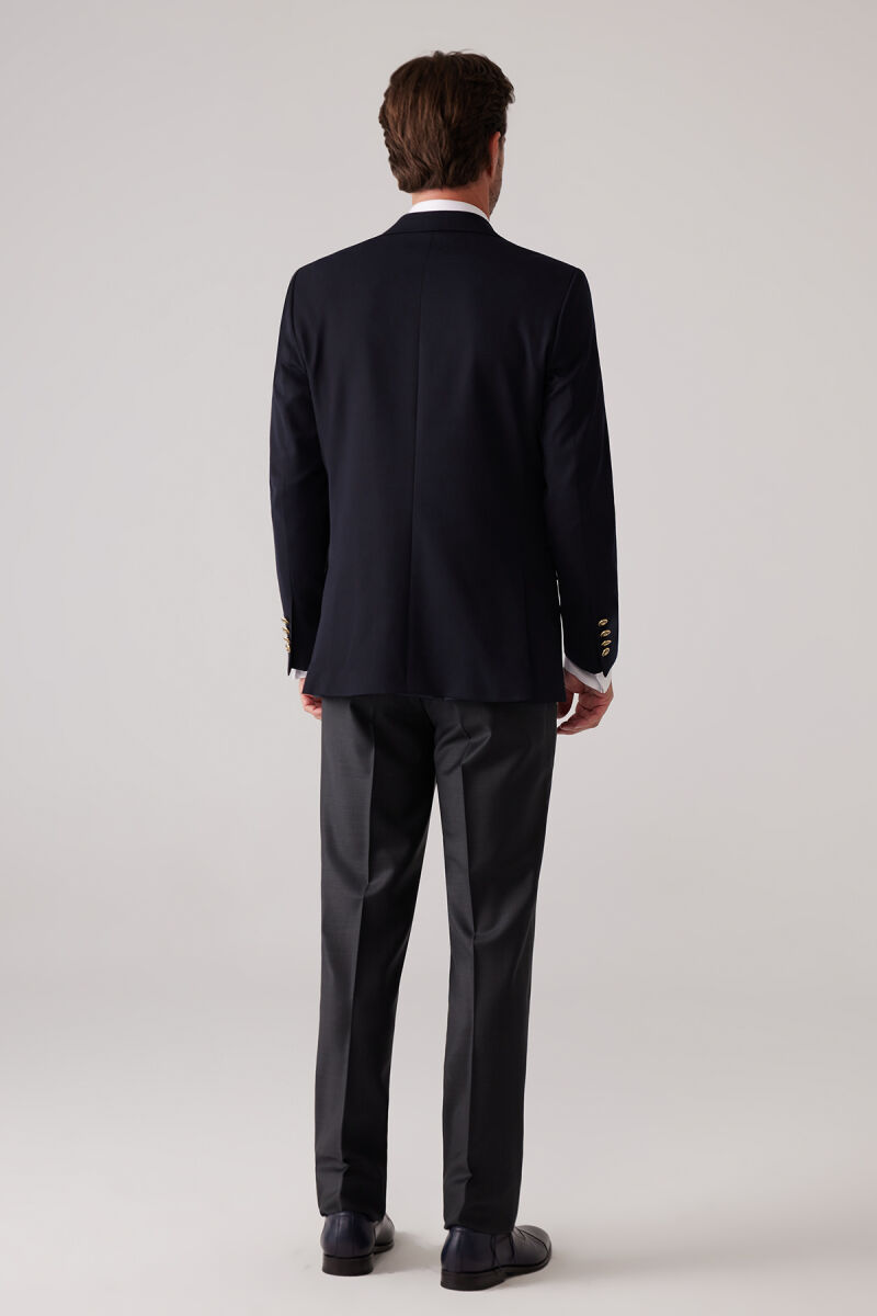 Erkek Koyu Lacivert Regular Fit Mono Yaka Likralı Blazer Ceket - 8