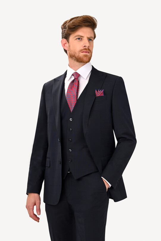 Erkek Koyu Lacivert Regular Fit Sivri Yaka Yelekli Takım Elbise