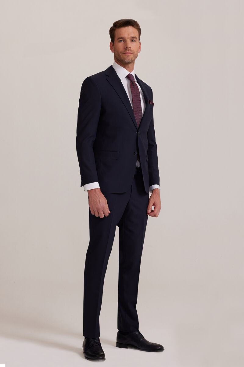 Erkek Koyu Lacivert Slim Fit %100 Yün Takım Elbise - 2