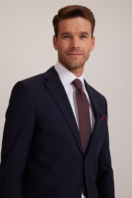 Erkek Koyu Lacivert Slim Fit %100 Yün Takım Elbise