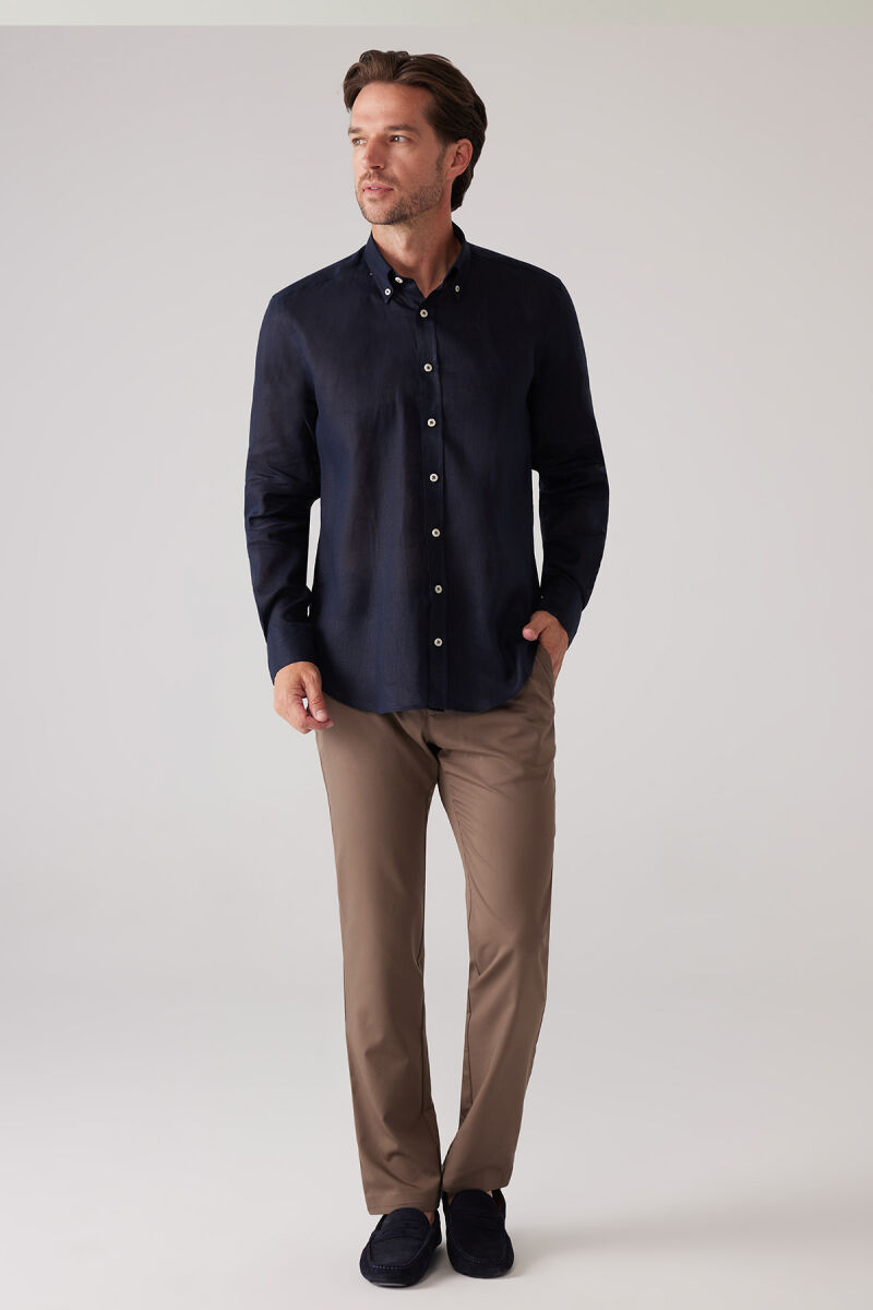 Erkek Koyu Lacivert Slim Fit Yaka Düğmeli %100 Keten Gömlek - 1