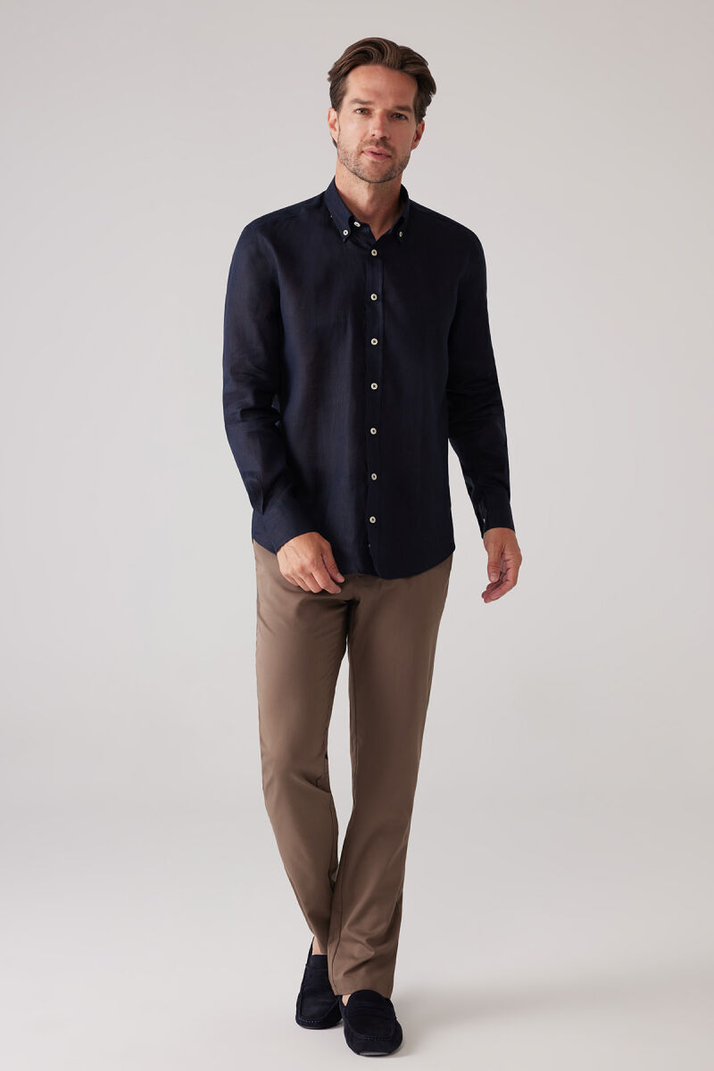 Erkek Koyu Lacivert Slim Fit Yaka Düğmeli %100 Keten Gömlek - 2