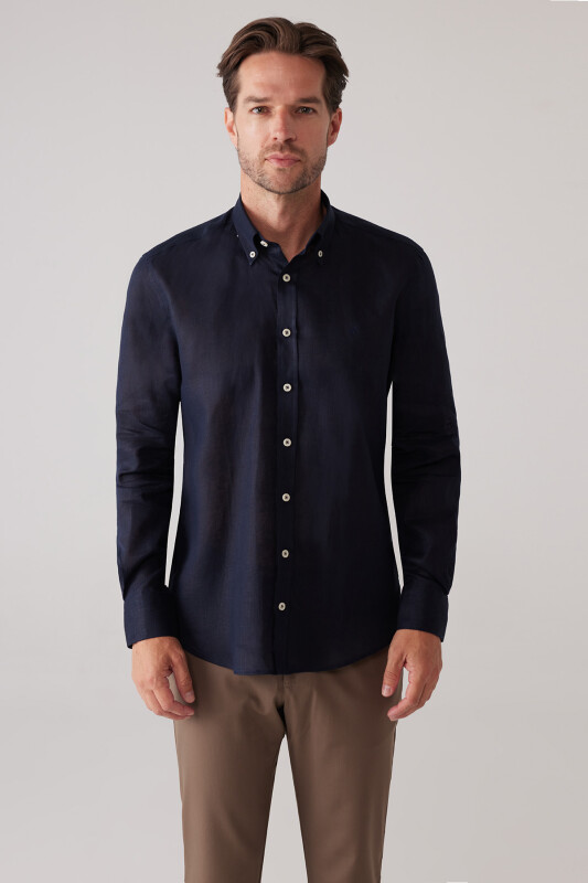 Erkek Koyu Lacivert Slim Fit Yaka Düğmeli %100 Keten Gömlek