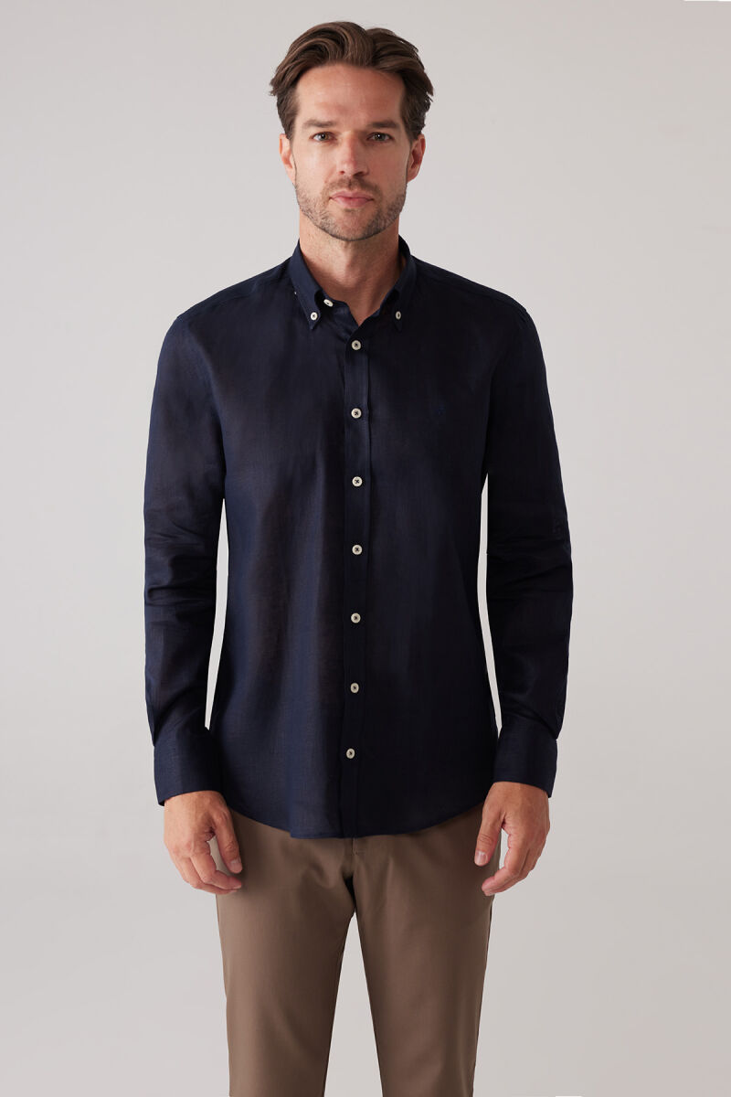 Erkek Koyu Lacivert Slim Fit Yaka Düğmeli %100 Keten Gömlek - 3