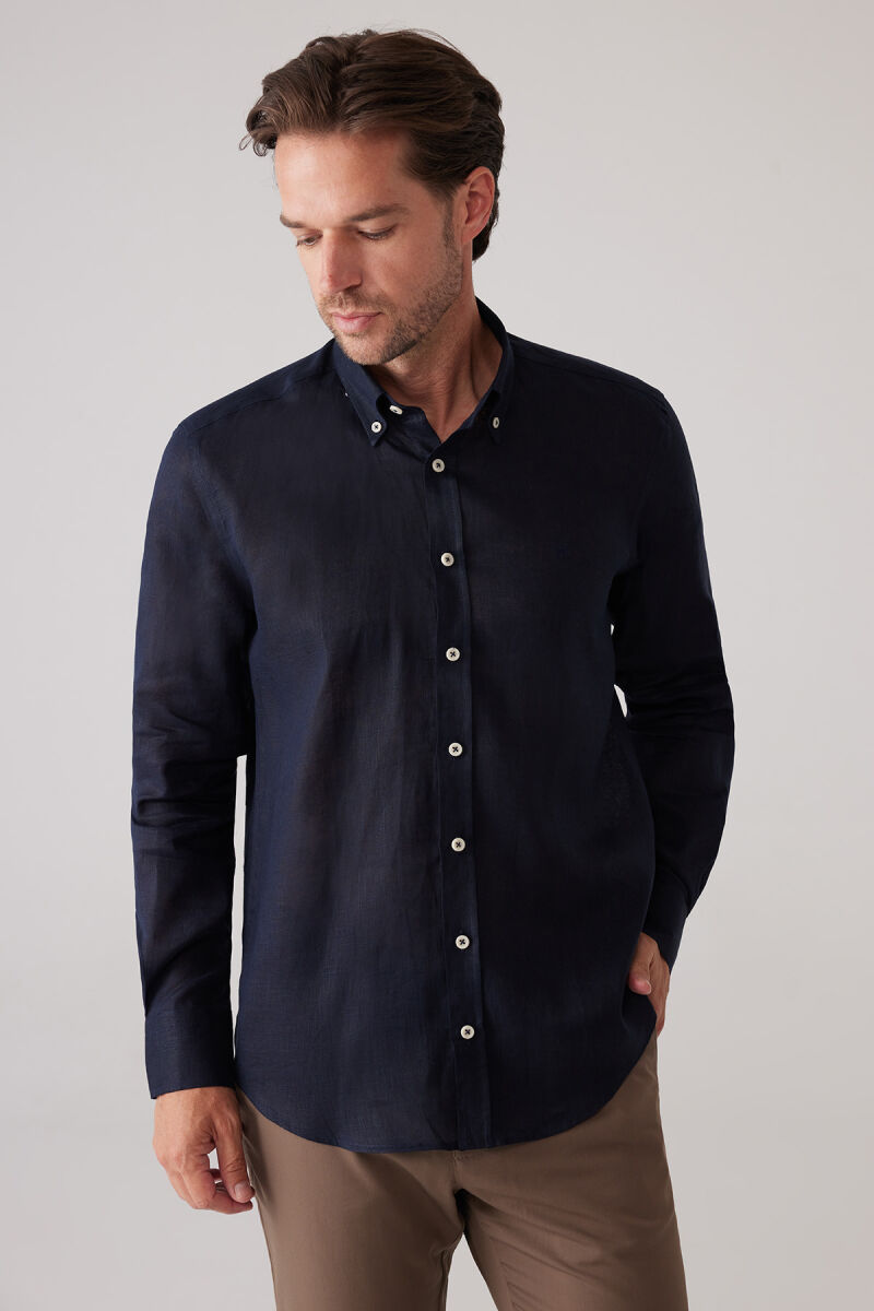 Erkek Koyu Lacivert Slim Fit Yaka Düğmeli %100 Keten Gömlek - 4