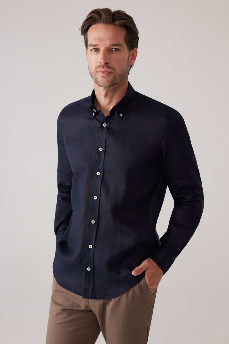 Erkek Koyu Lacivert Slim Fit Yaka Düğmeli %100 Keten Gömlek - 5
