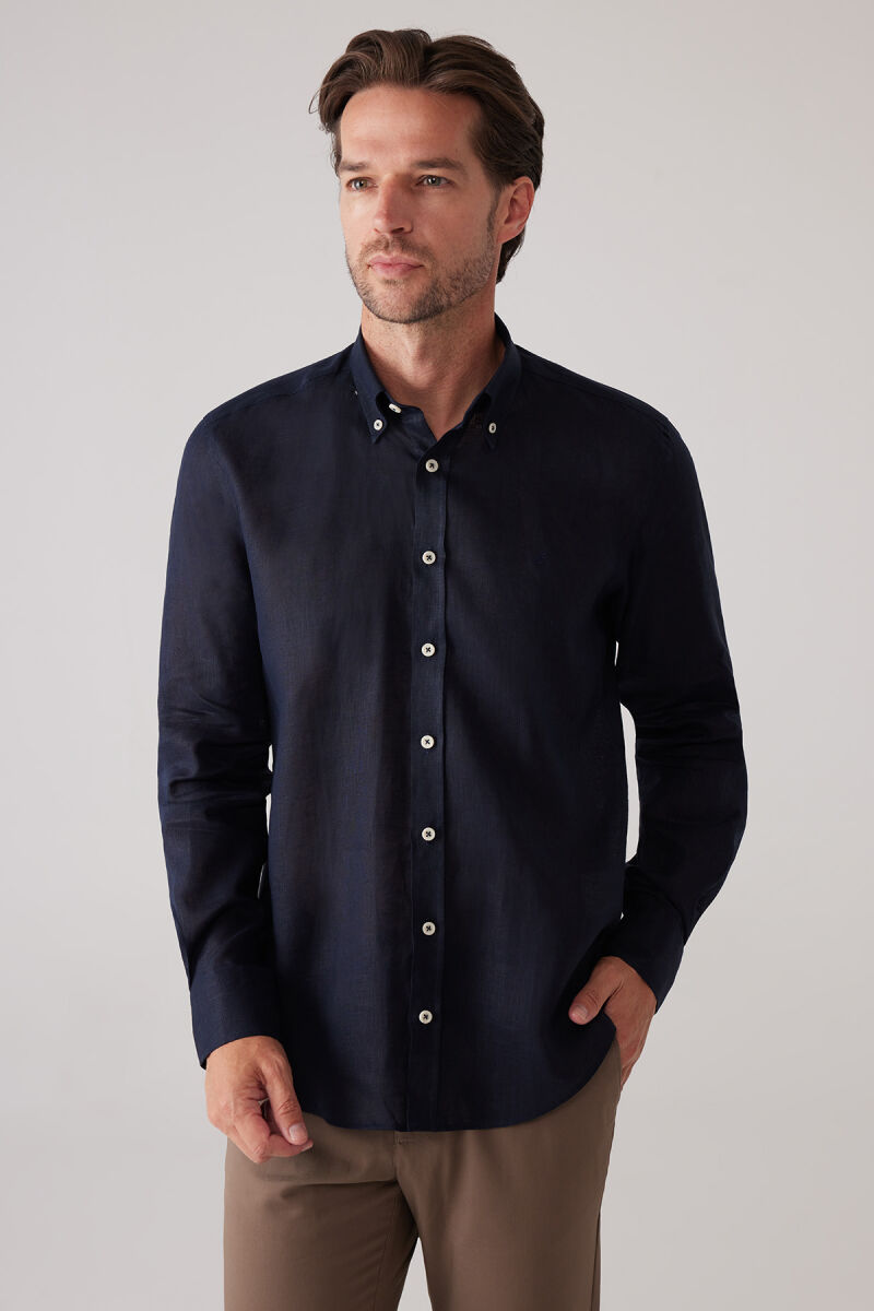 Erkek Koyu Lacivert Slim Fit Yaka Düğmeli %100 Keten Gömlek - 6
