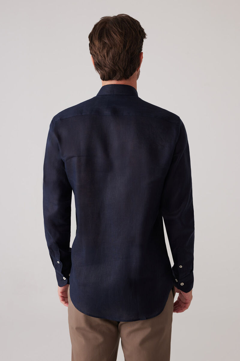 Erkek Koyu Lacivert Slim Fit Yaka Düğmeli %100 Keten Gömlek - 8